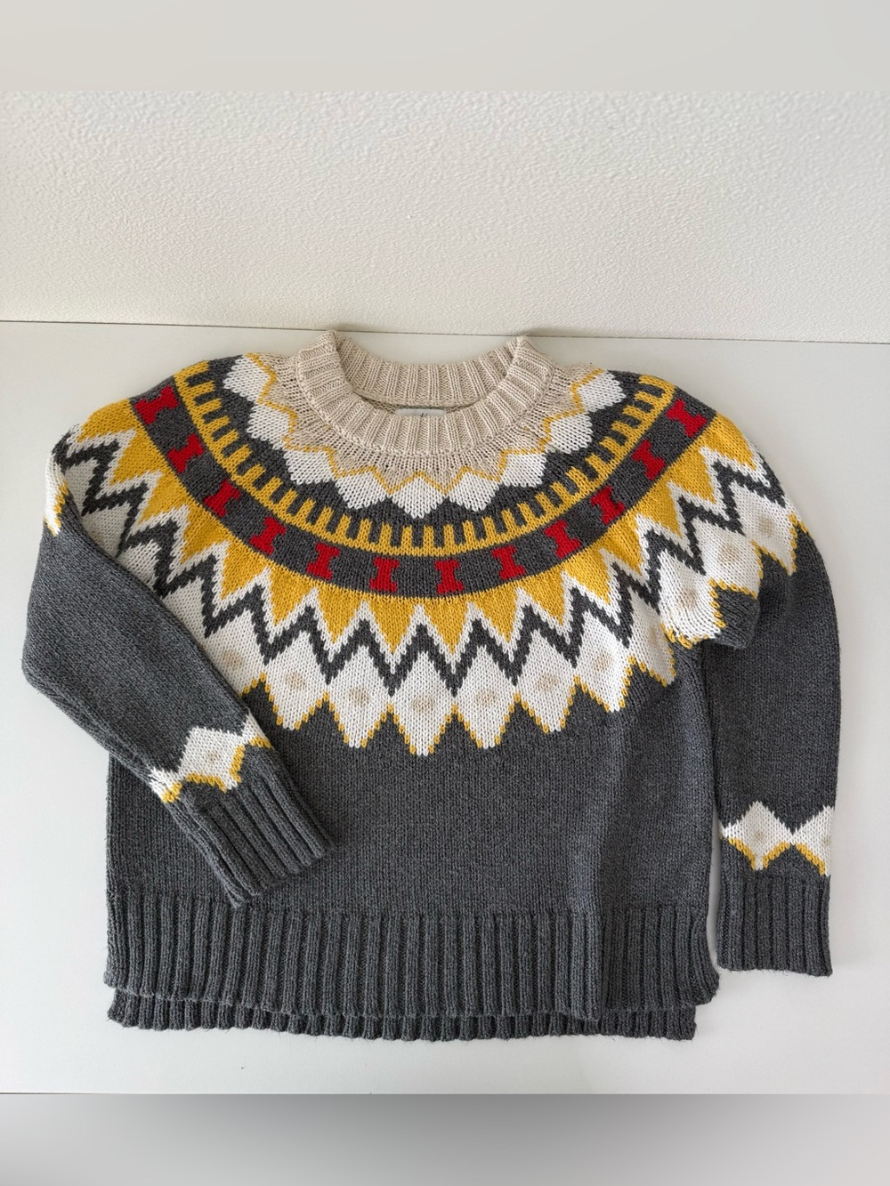 Aerie Gray Fair Isle Crewneck Sweater Chunky Knit Nordic Yoke Size Small